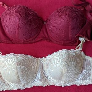 Set of Embroidered Bras' Bundle-Cream and Crimson